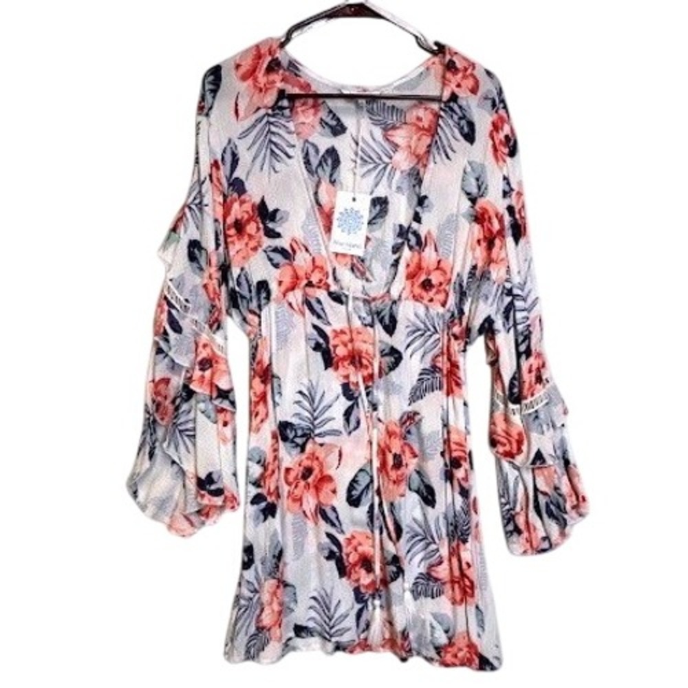 Blue Island Beach Women S Floral Ruffle Bell Sleeve Boho Coverup Dress White